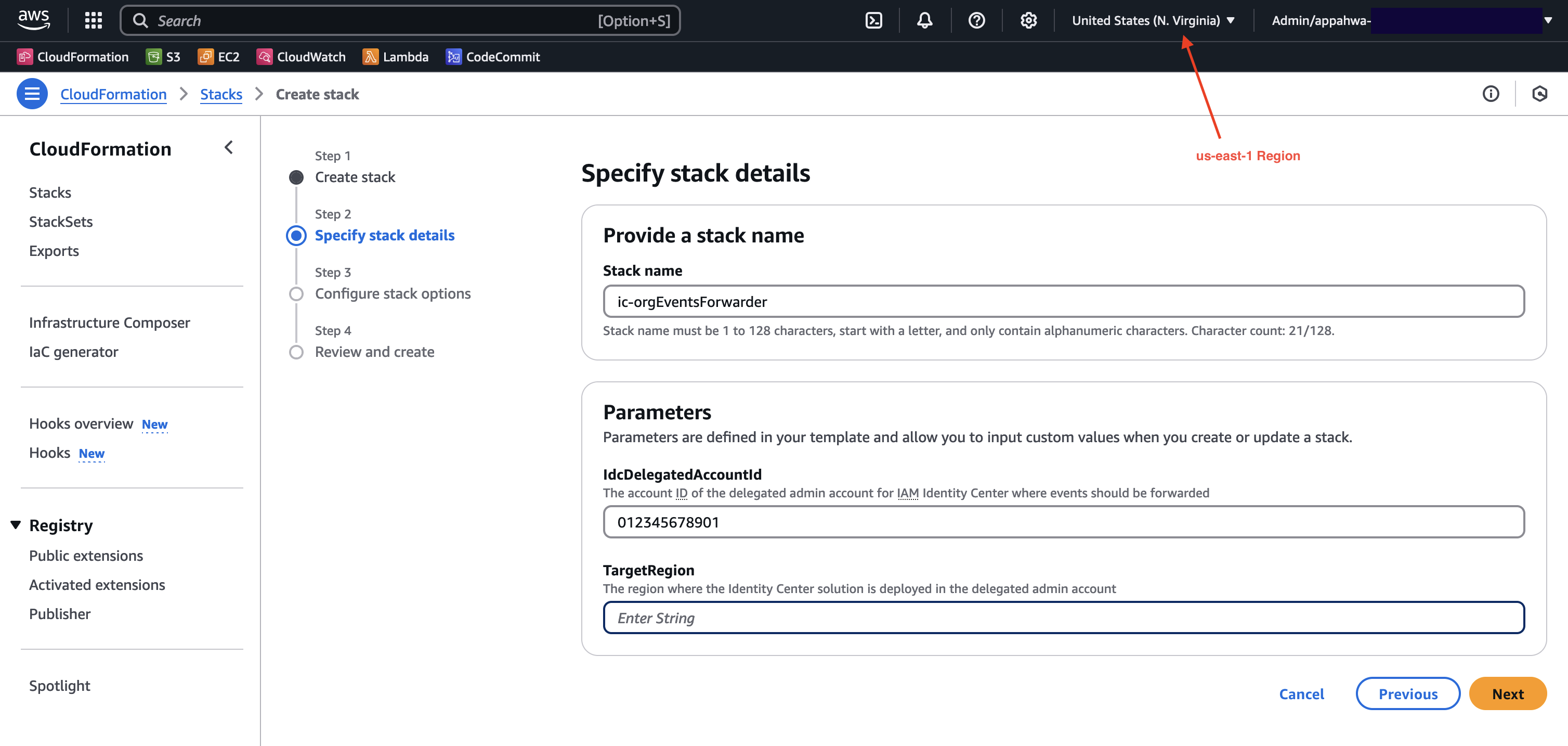 deploy management-account-org-events-forwarder.template in management account in us-east-1 region